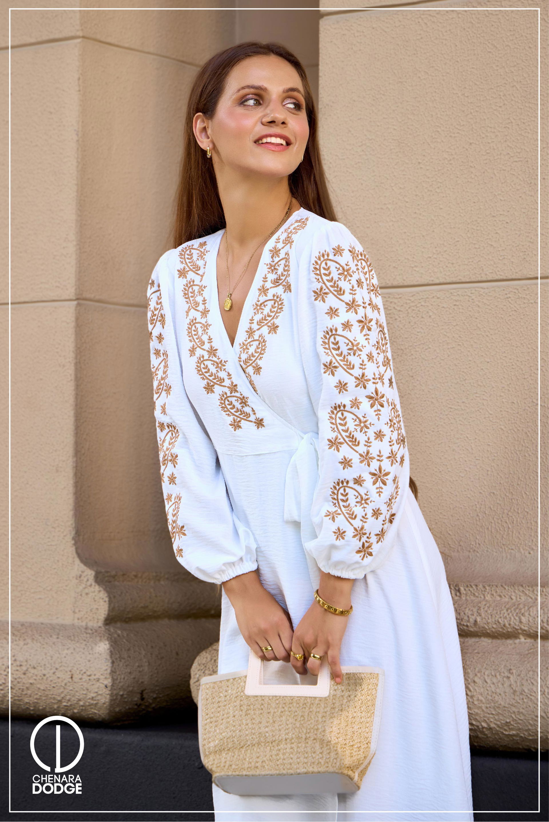 NINA EMBROIDERED WRAP MIDI DRESS