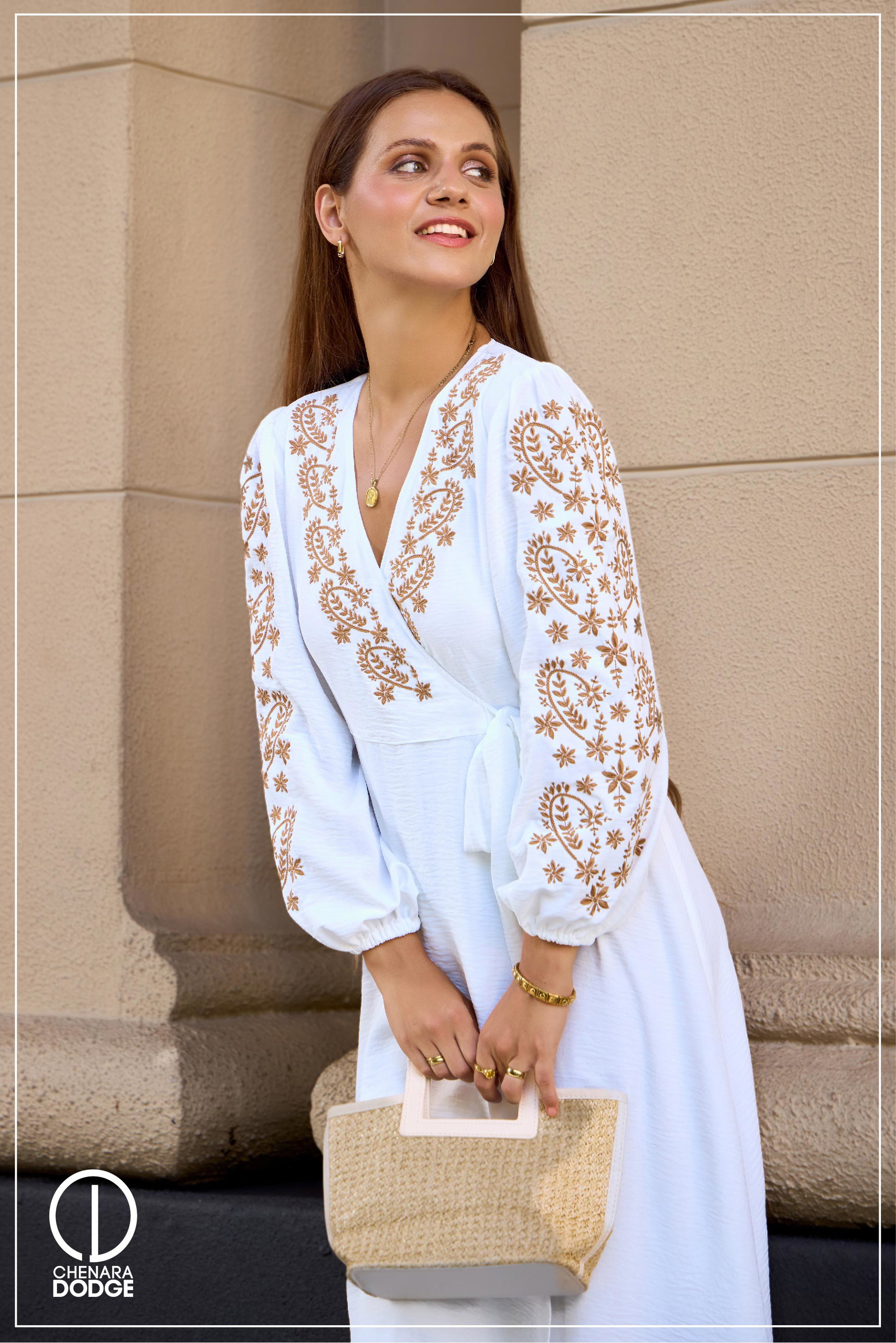 NINA EMBROIDERED WRAP MIDI DRESS