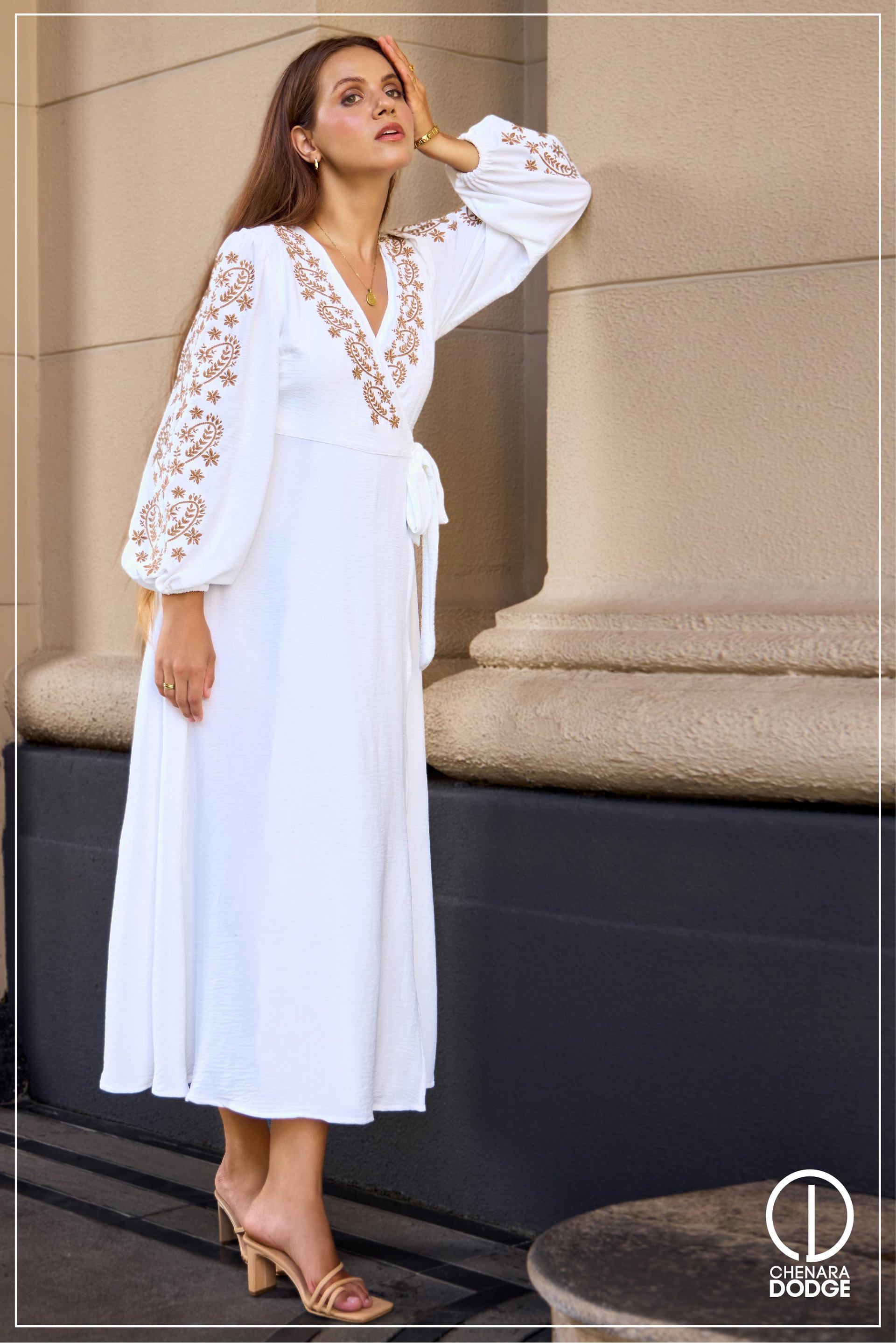 NINA EMBROIDERED WRAP MIDI DRESS