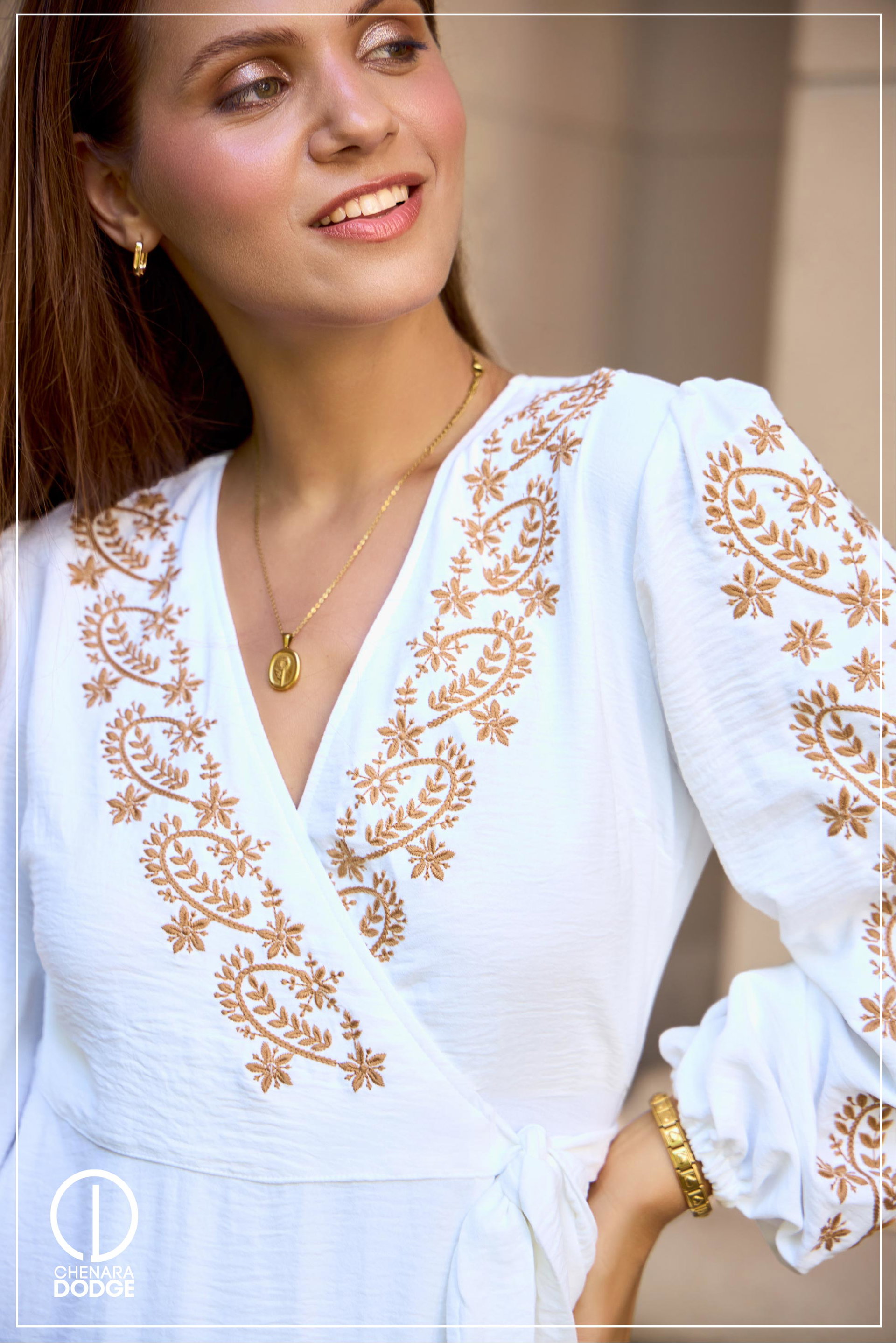 NINA EMBROIDERED WRAP MIDI DRESS