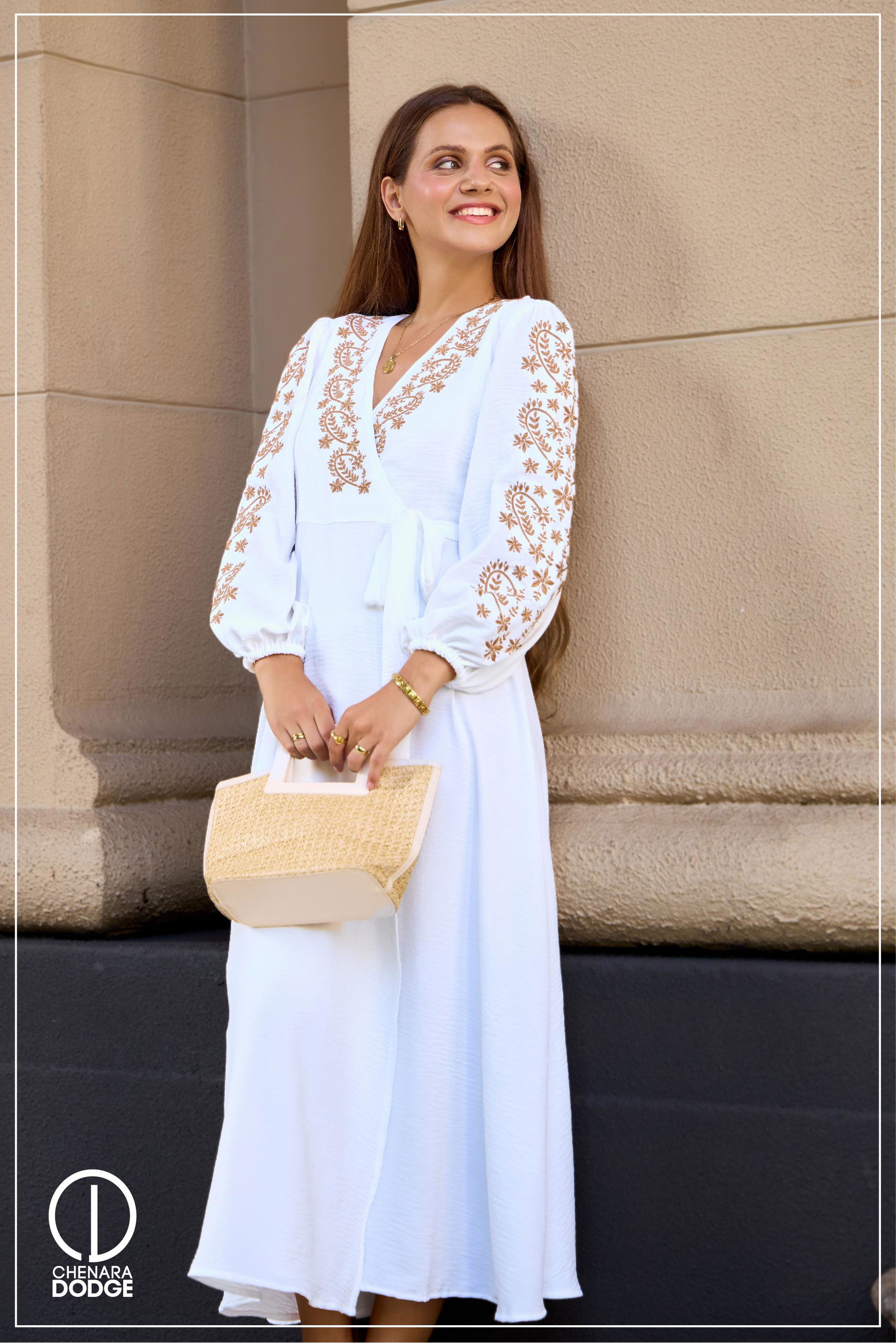 NINA EMBROIDERED WRAP MIDI DRESS