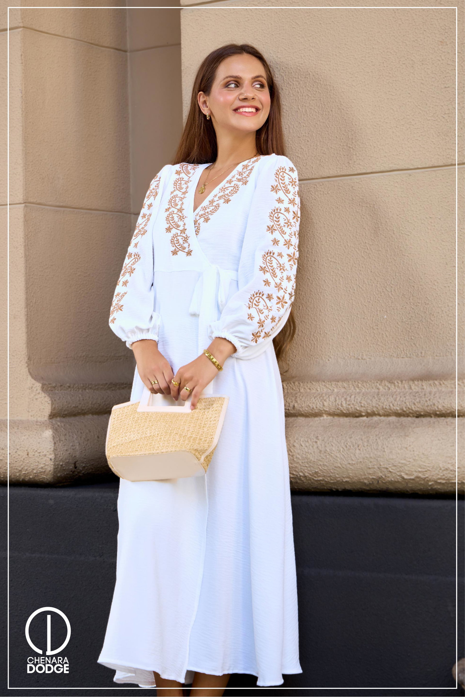 NINA EMBROIDERED WRAP MIDI DRESS