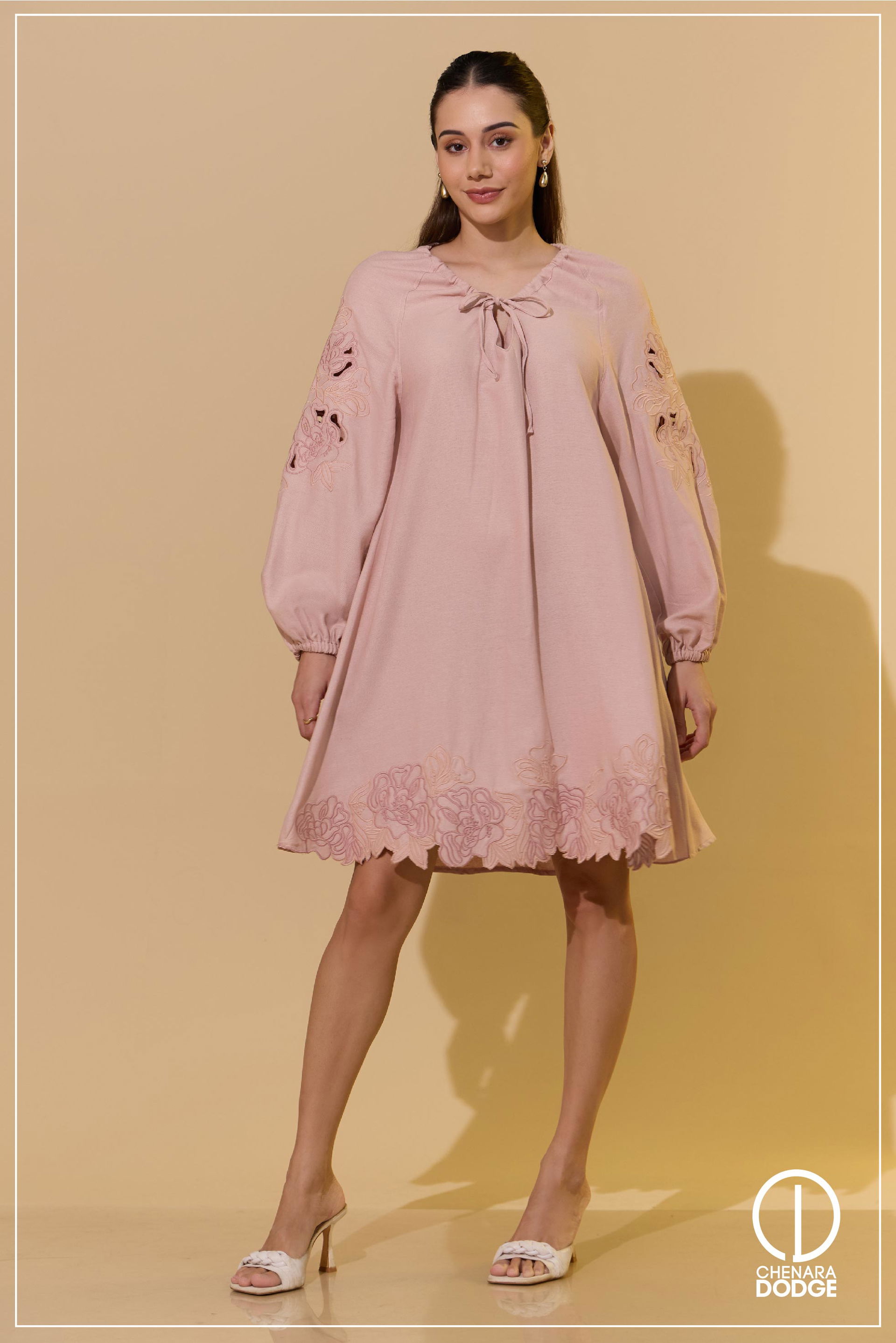 NUDE EMBROIDED MINI DRESS