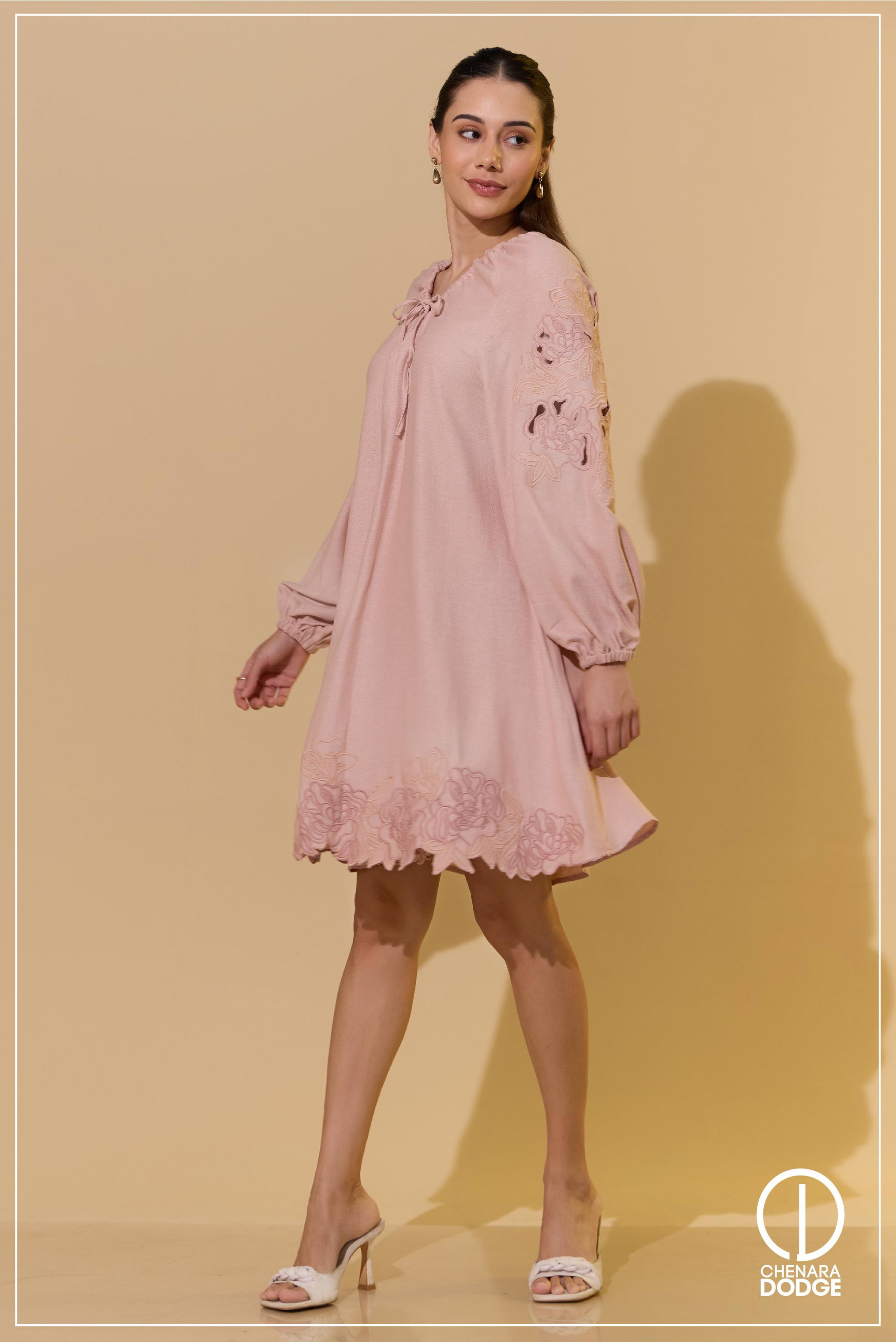 NUDE EMBROIDERED MINI DRESS