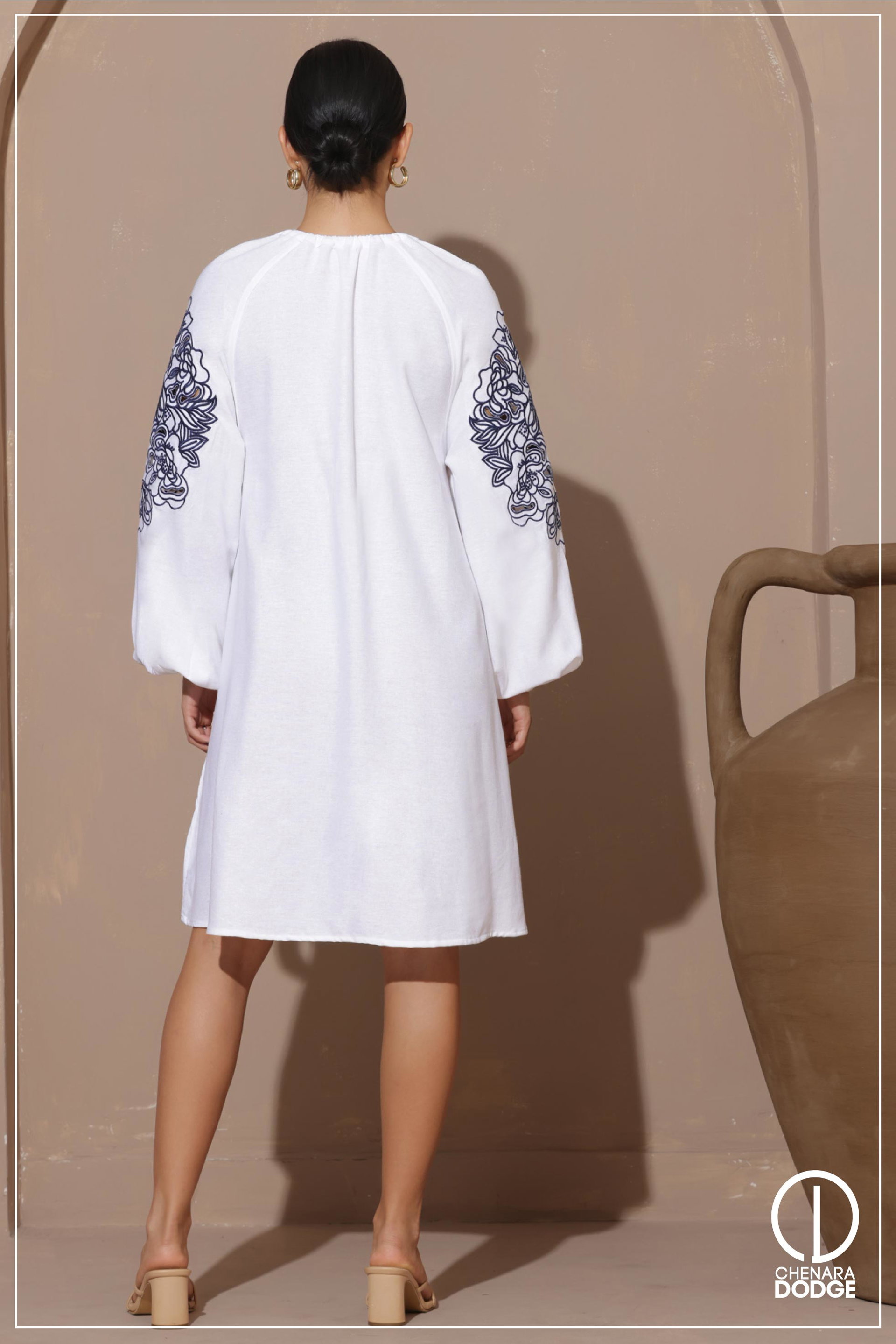 NUDE EMBROIDERED MINI DRESS