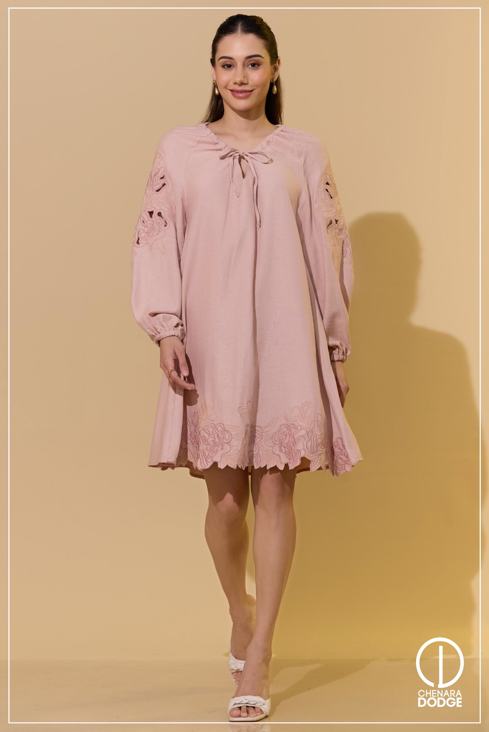 NUDE EMBROIDERED MINI DRESS