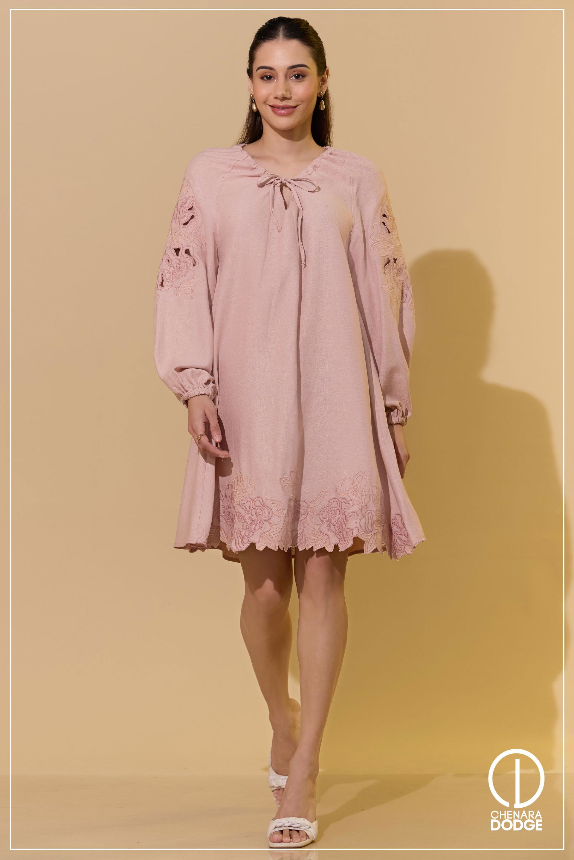 NUDE EMBROIDED MINI DRESS