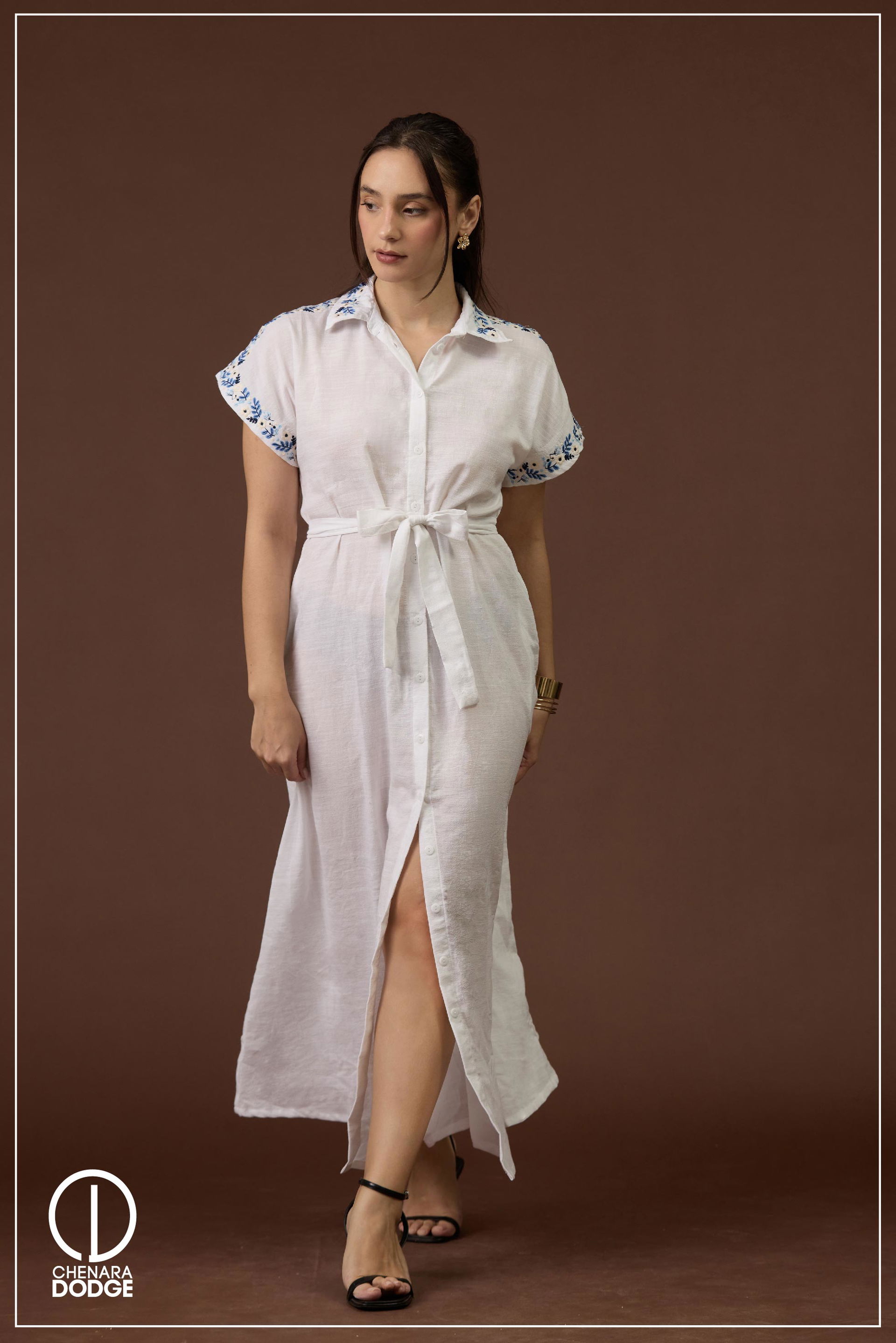 SAVANNAH BUTTON DOWN EMB MAXI DRESS
