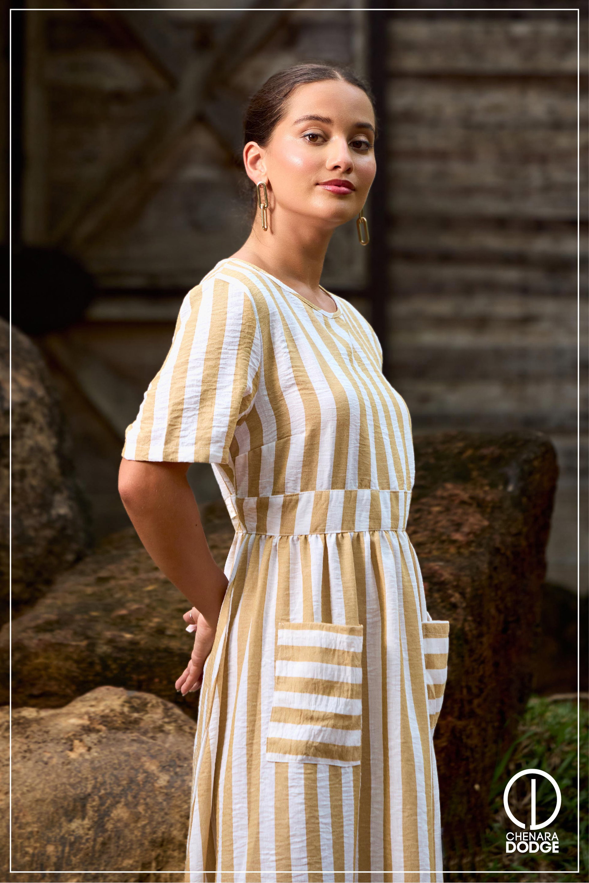 SIDNEY STRIPED POCKET MIDI DRESS