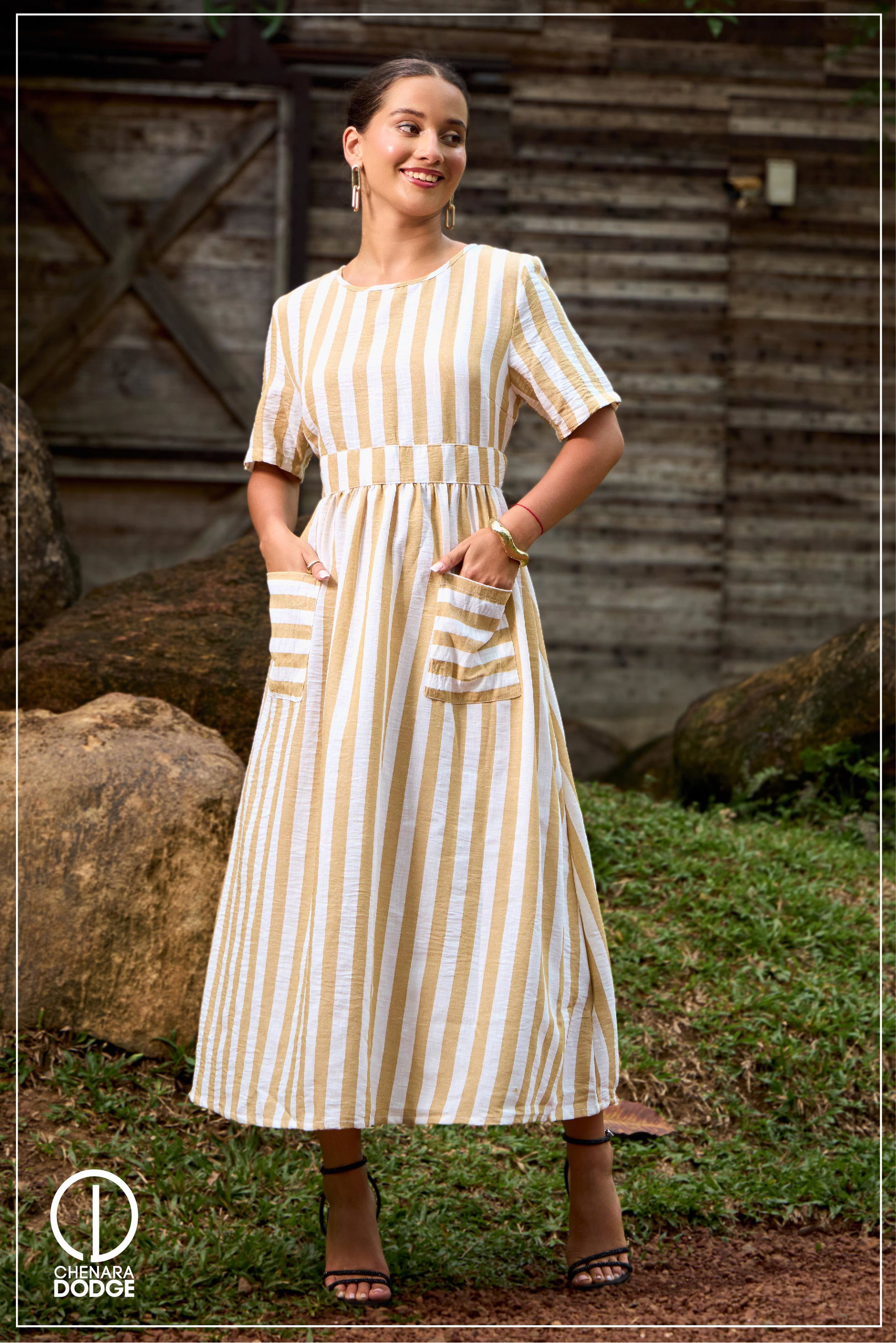 SIDNEY STRIPED POCKET MIDI DRESS