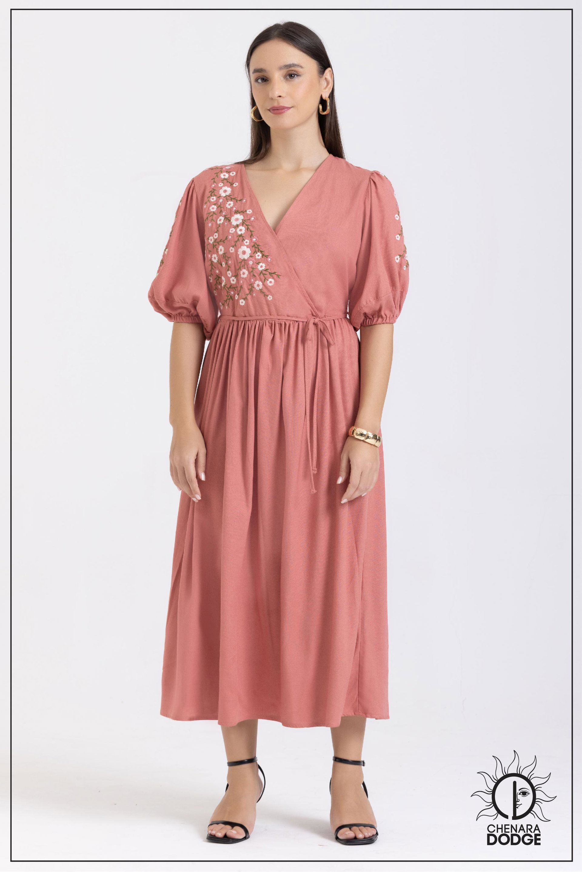 VOLINA CROSS OVER EMB MIDI DRESS