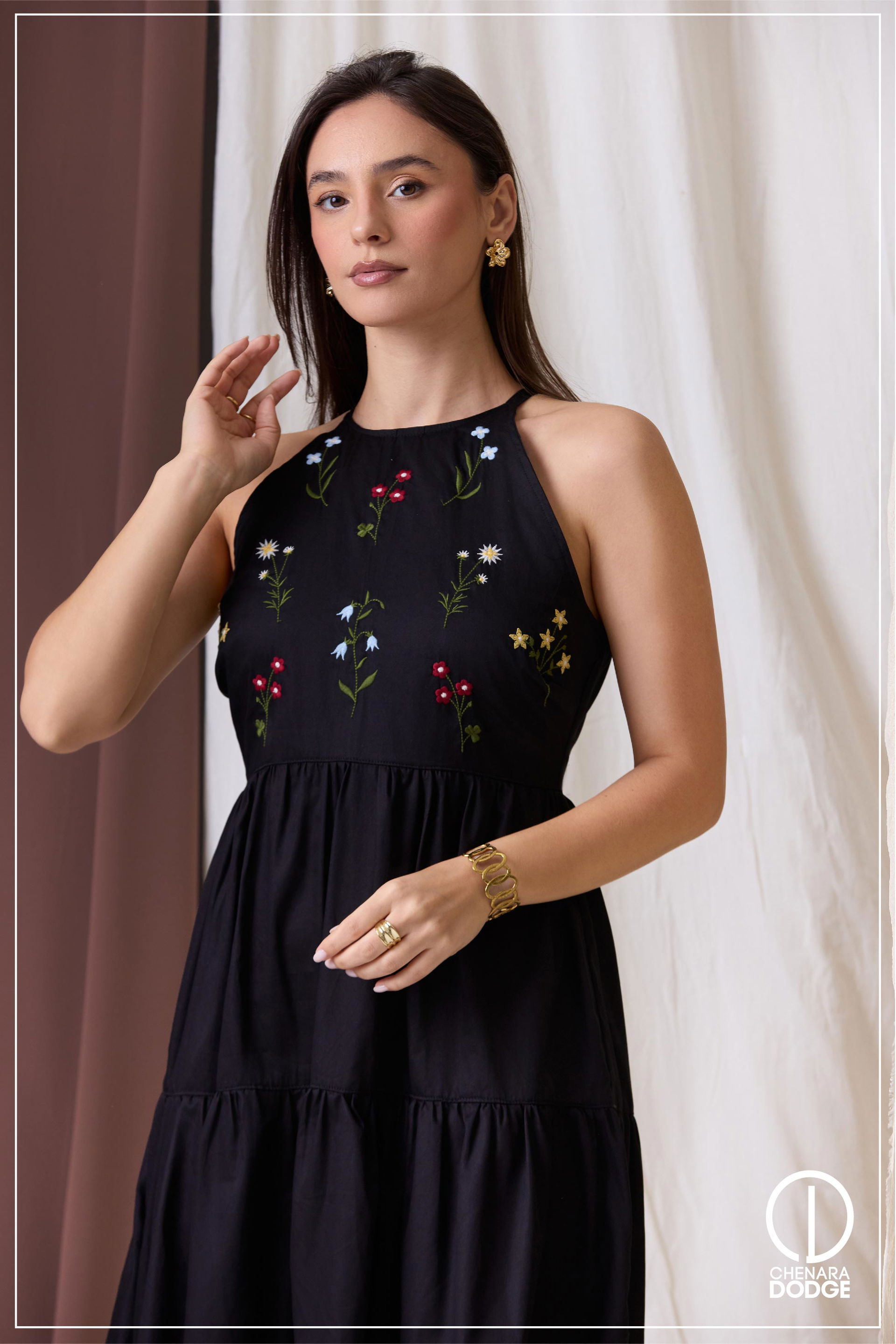 ZARA HLATER NECK EMB MIDI DRESS