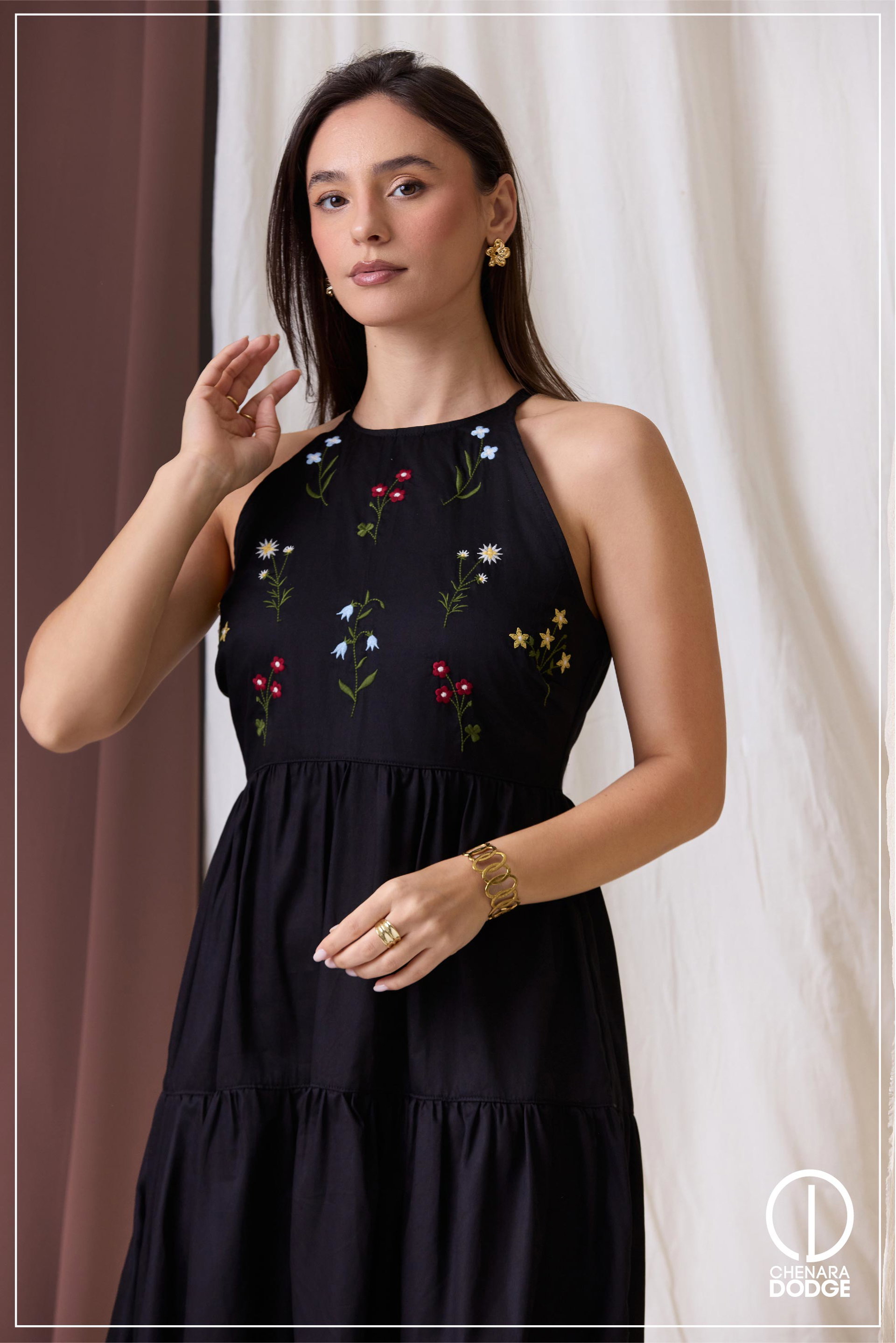 ZARA HLATER NECK EMB MIDI DRESS