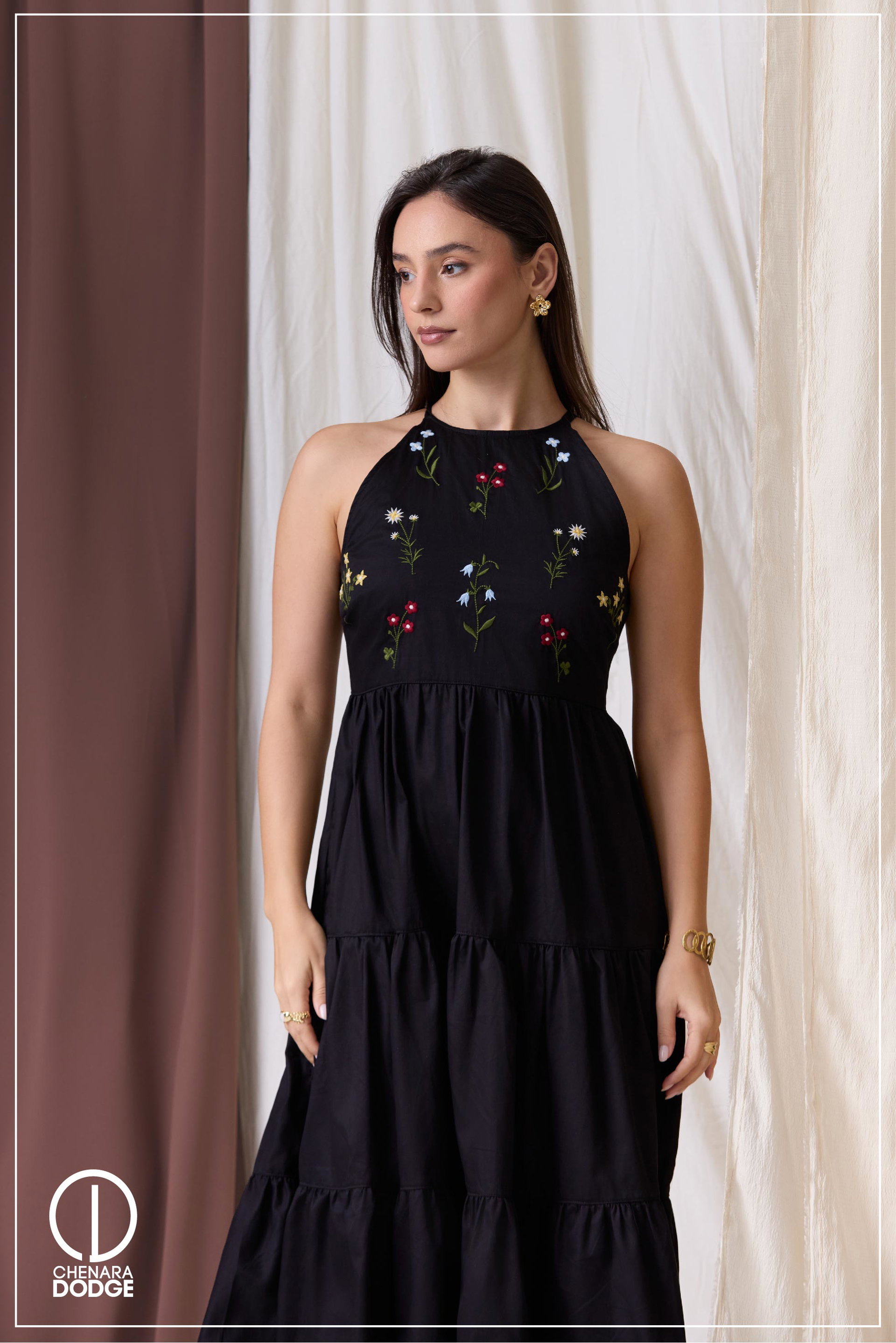 ZARA HLATER NECK EMB MIDI DRESS