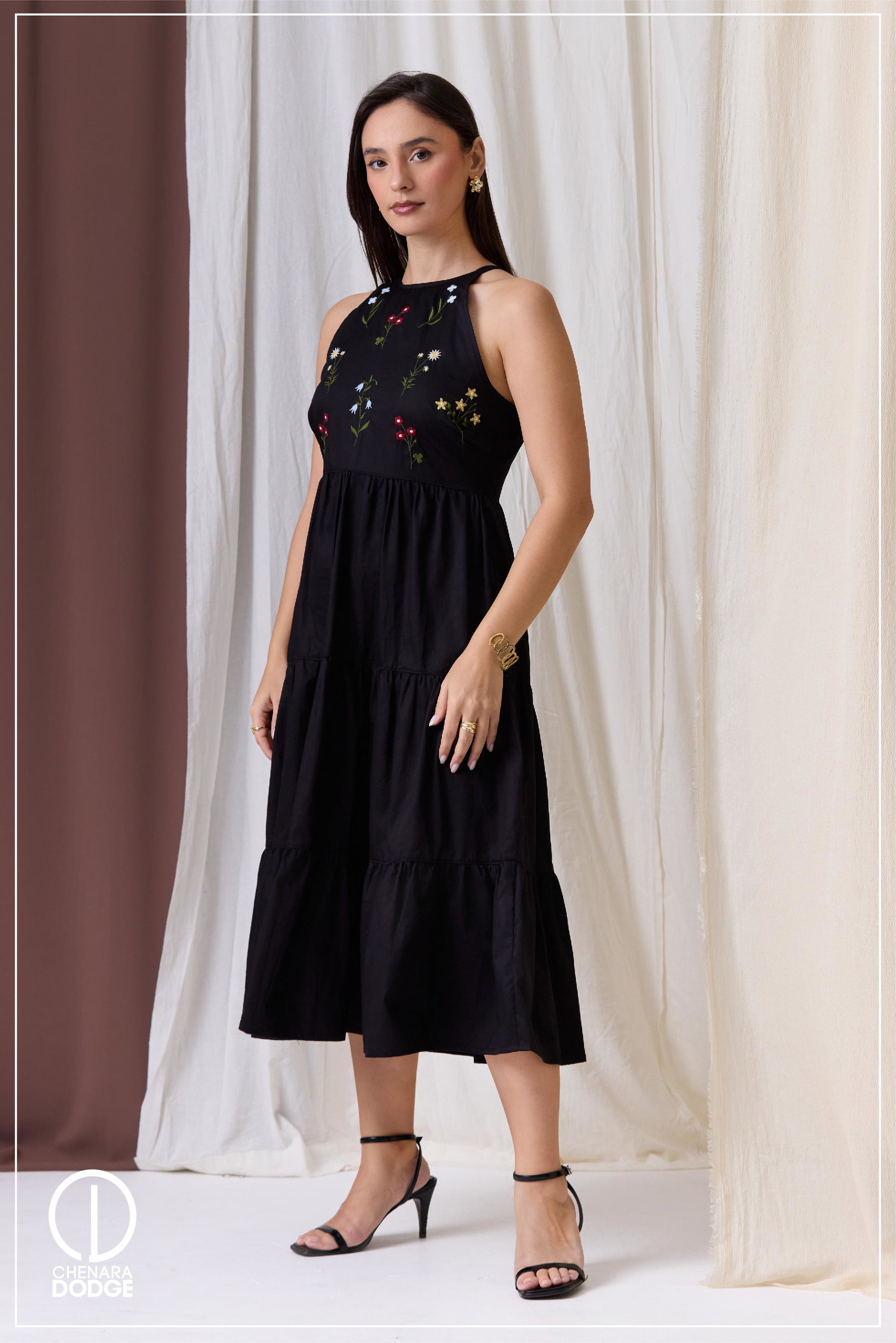 ZARA HLATER NECK EMB MIDI DRESS