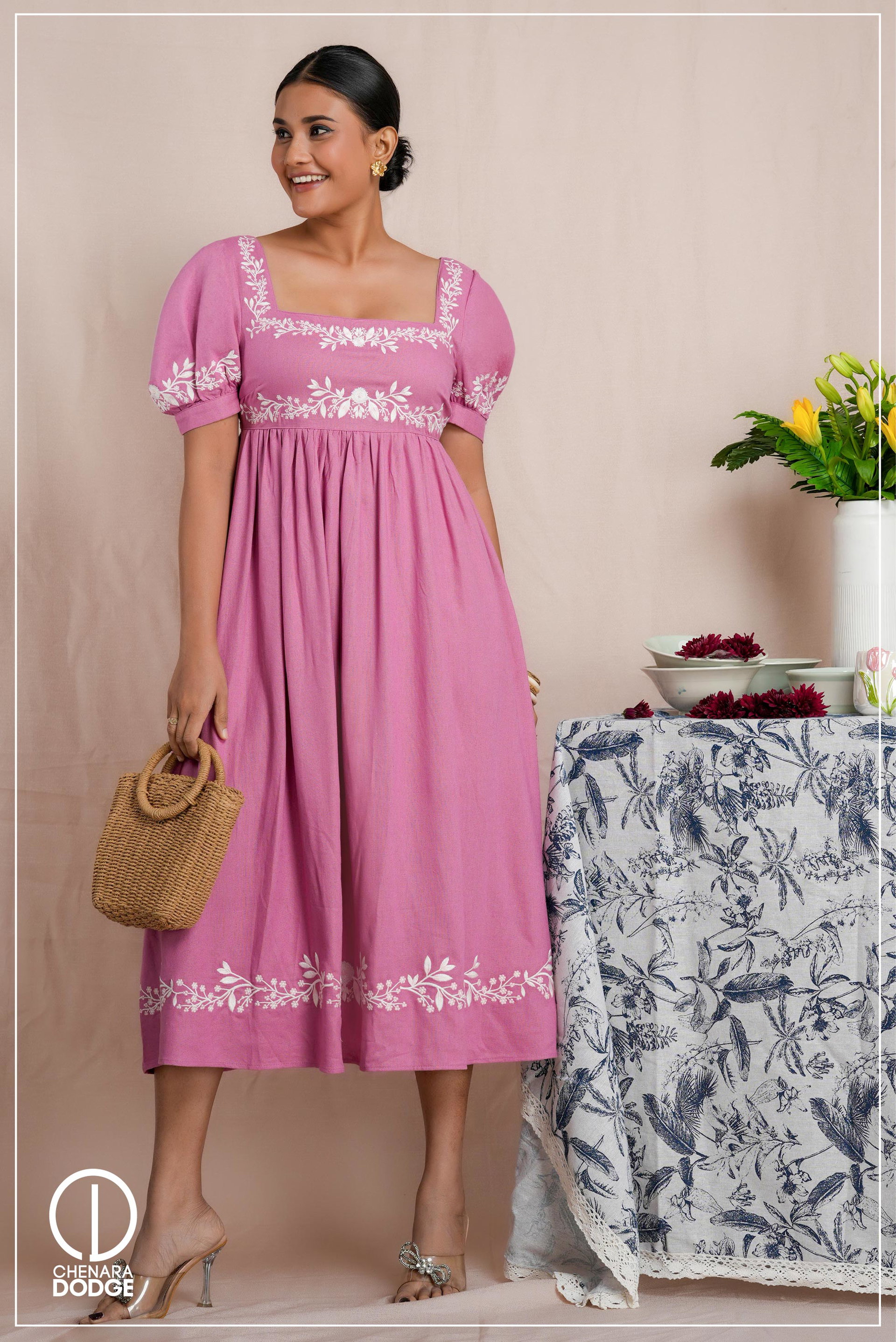 ZARA SQUARE NECK EMB MIDI DRESS 