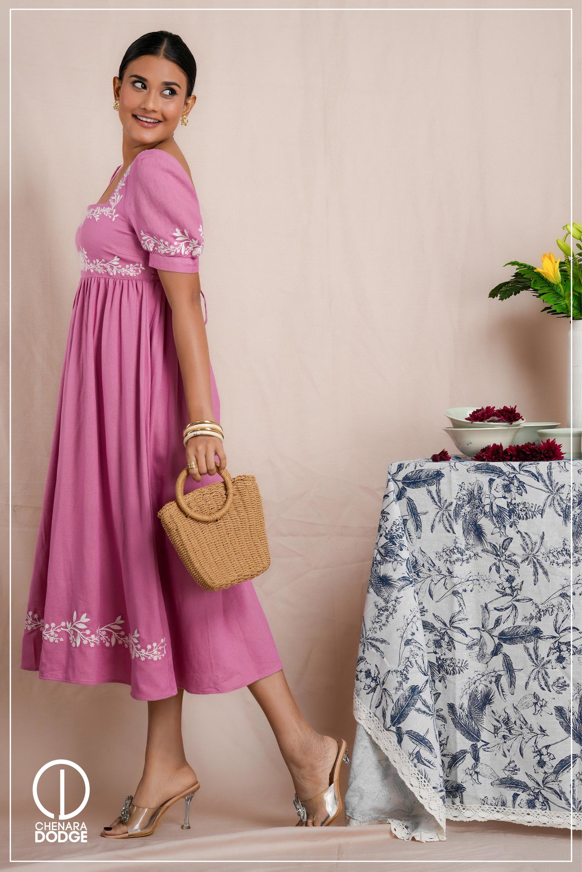 ZARA SQUARE NECK EMB MIDI DRESS 