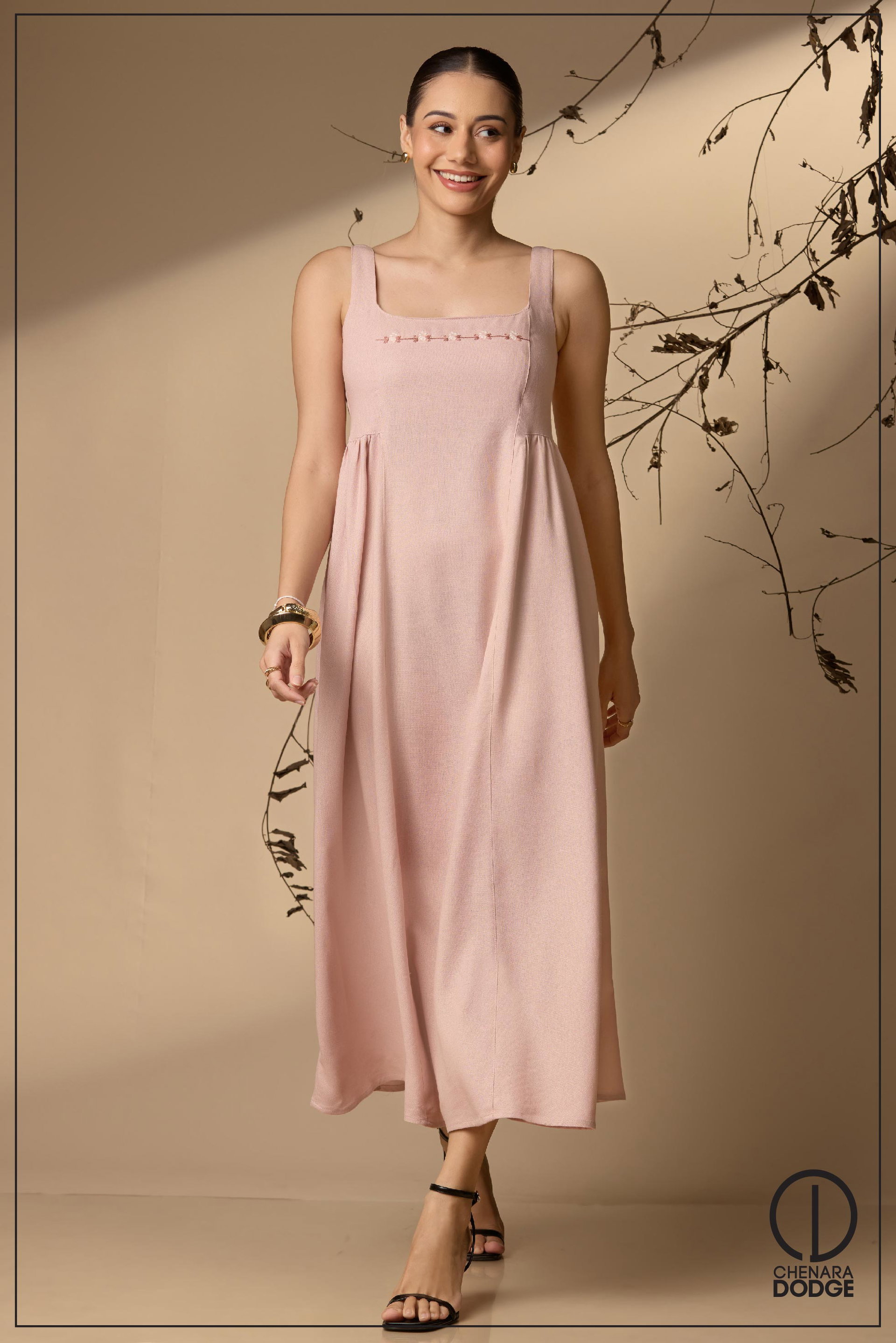 ZOEY STRAP EMB MIDI DRESS