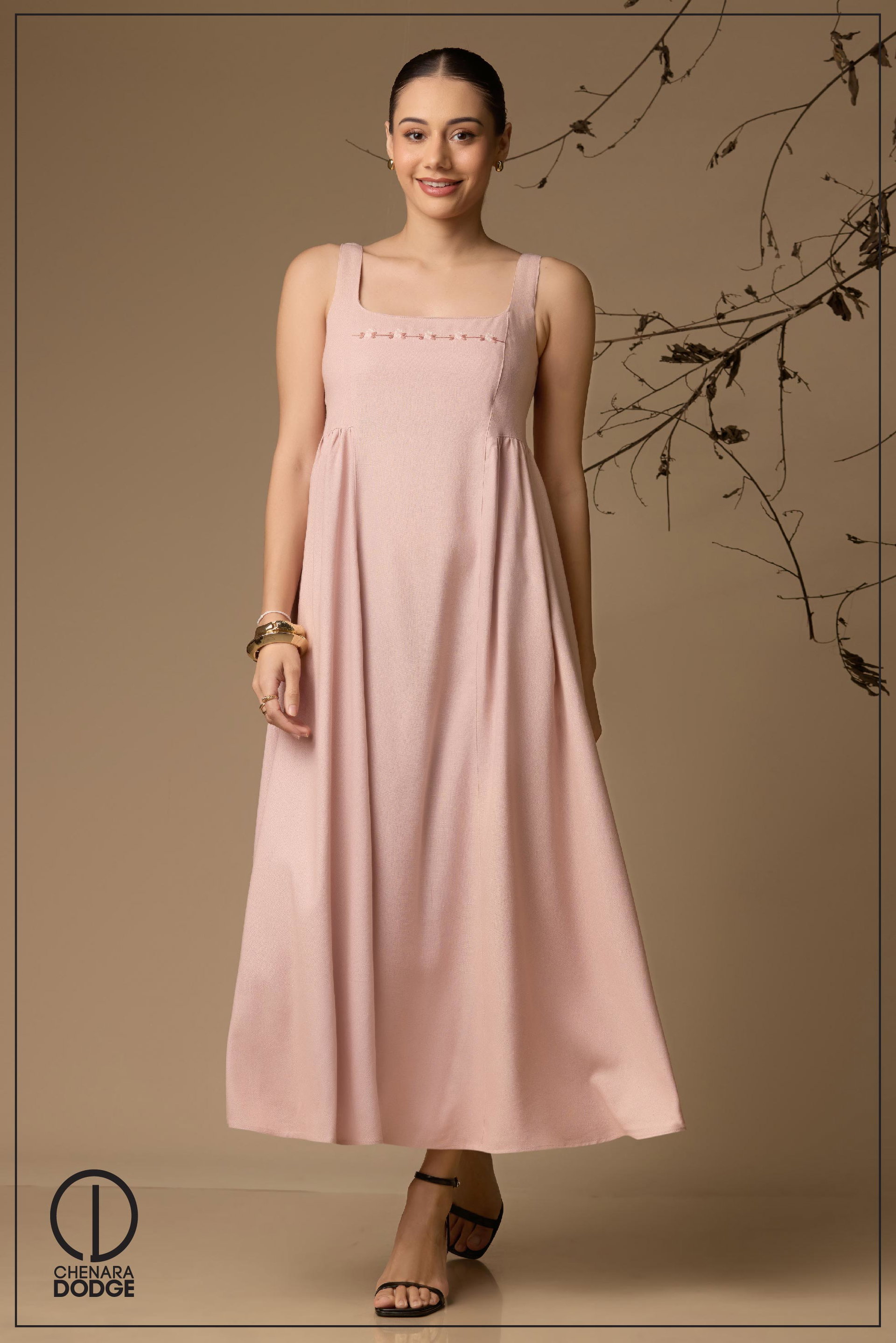 ZOEY STRAP EMB MIDI DRESS