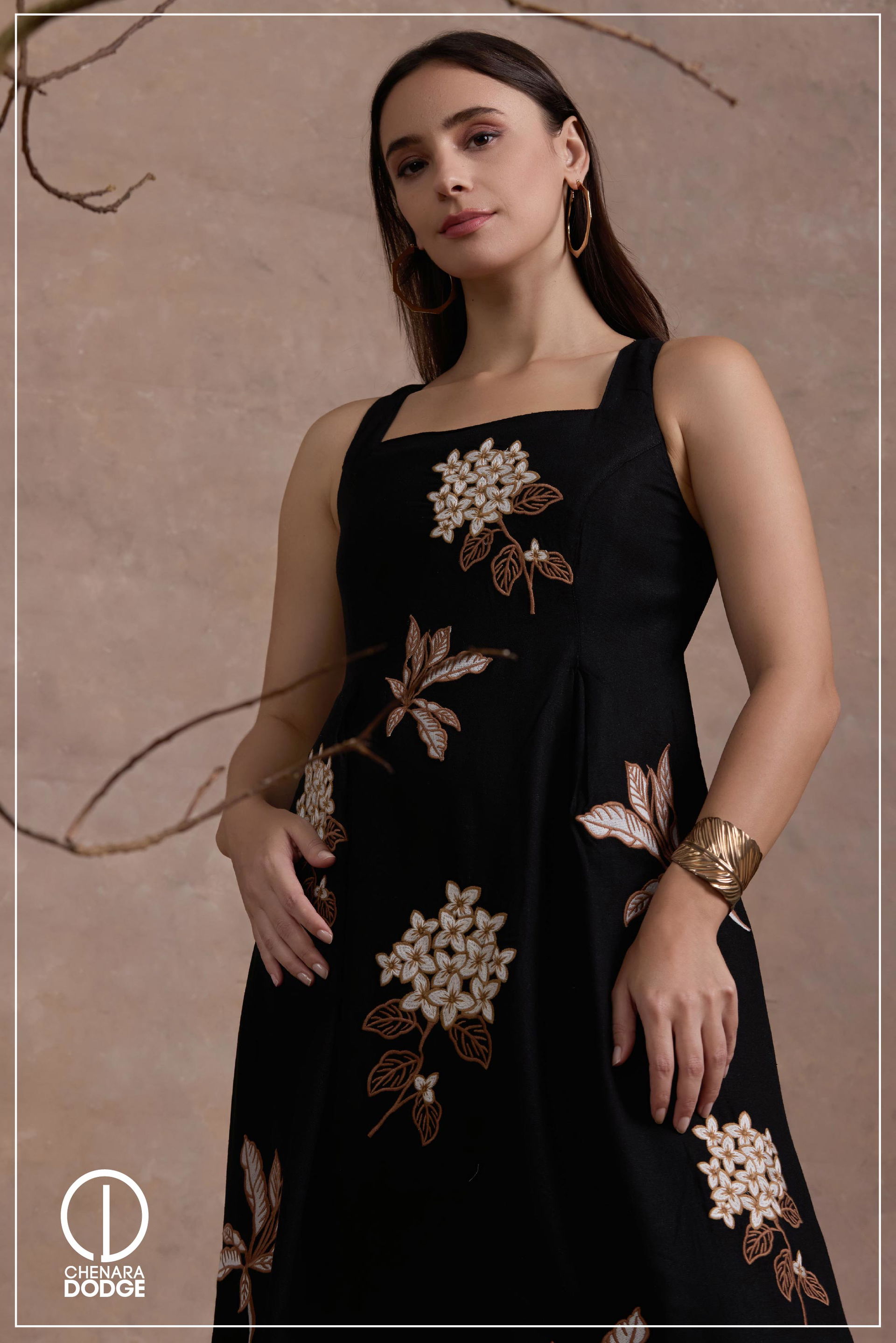 ZOLA SQUARE NECK EMB MIDI DRESS