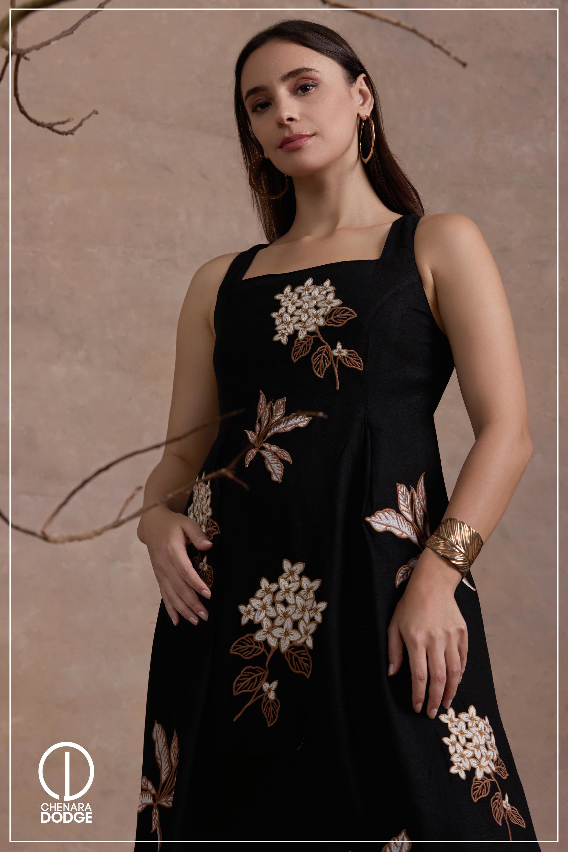 ZOLA SQUARE NECK EMB MIDI DRESS