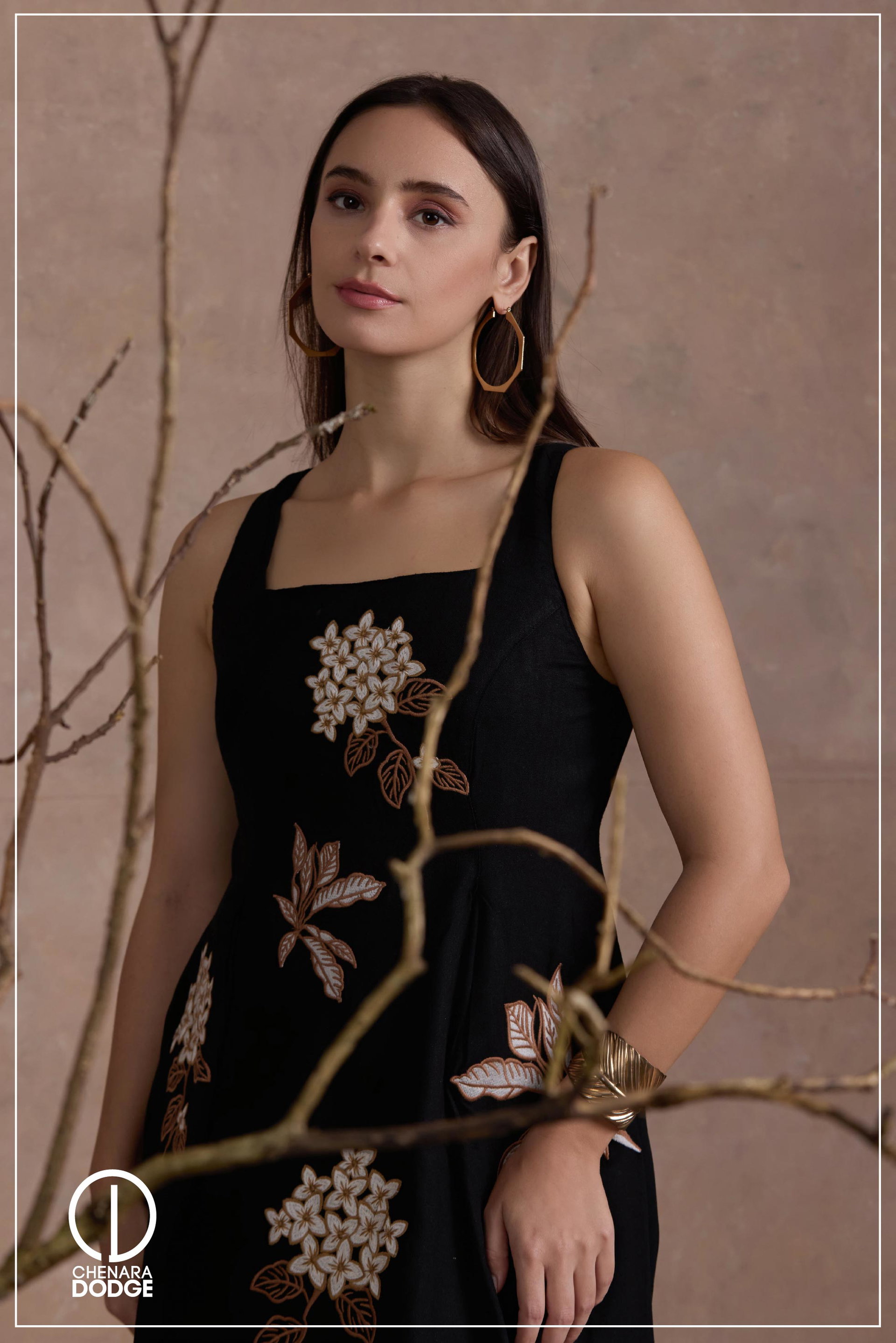 ZOLA SQUARE NECK EMB MIDI DRESS
