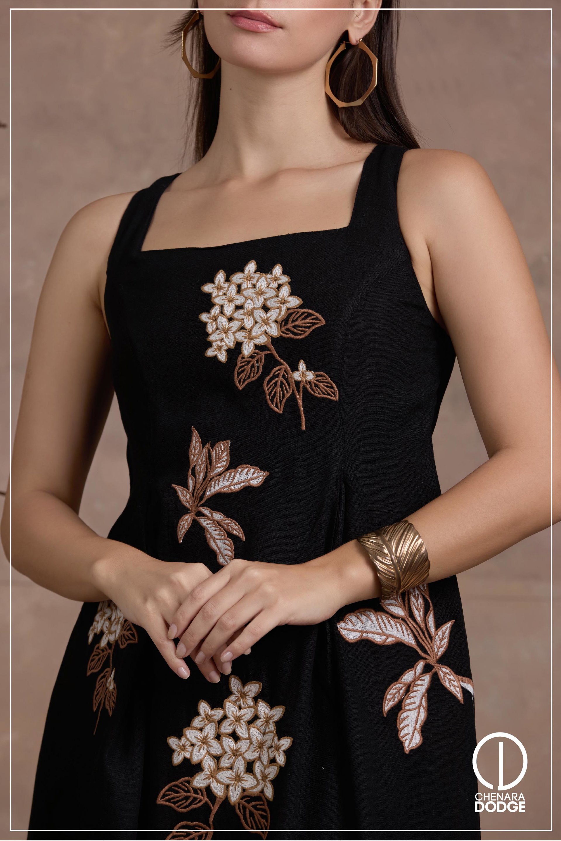 ZOLA SQUARE NECK EMB MIDI DRESS