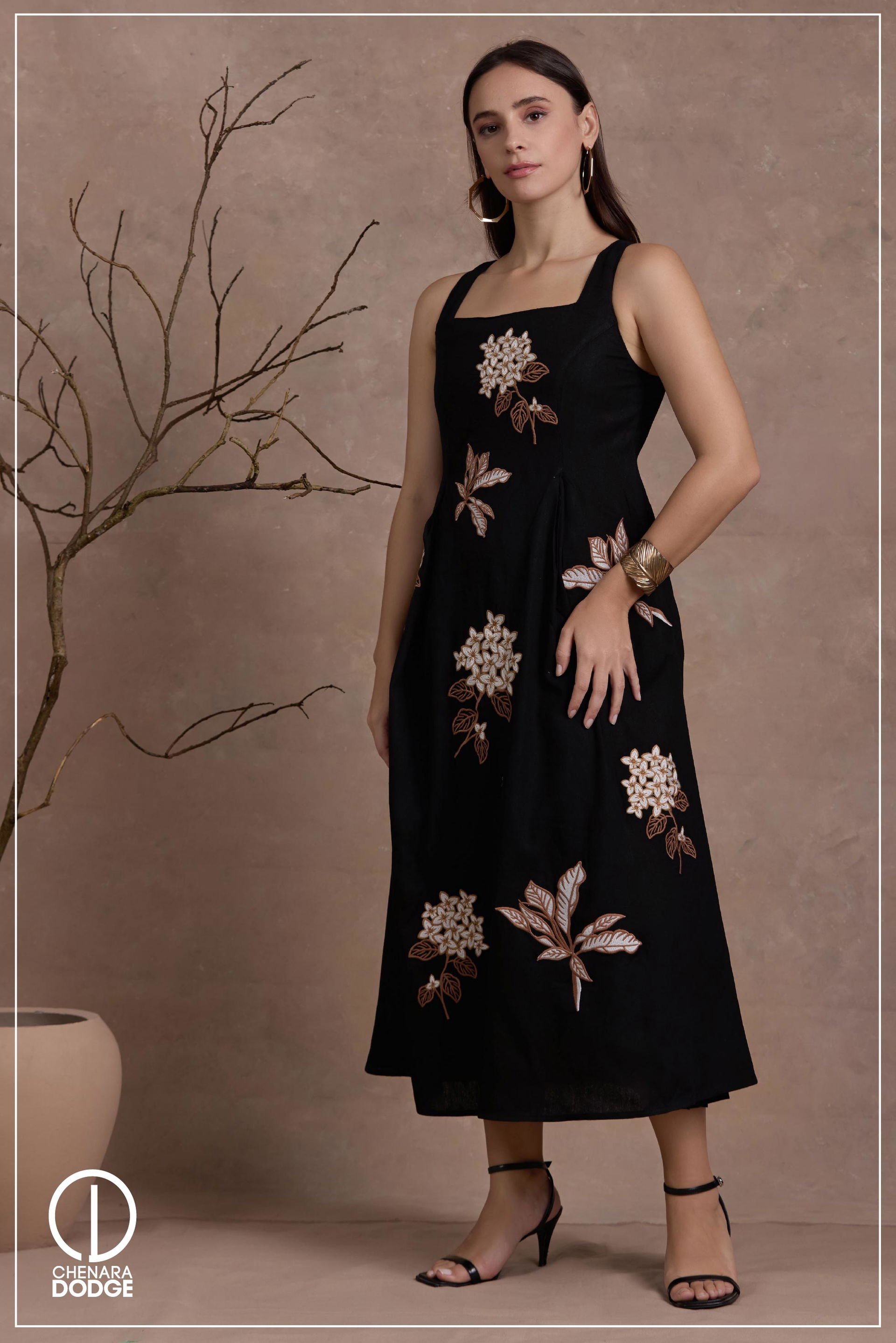 ZOLA SQUARE NECK EMB MIDI DRESS