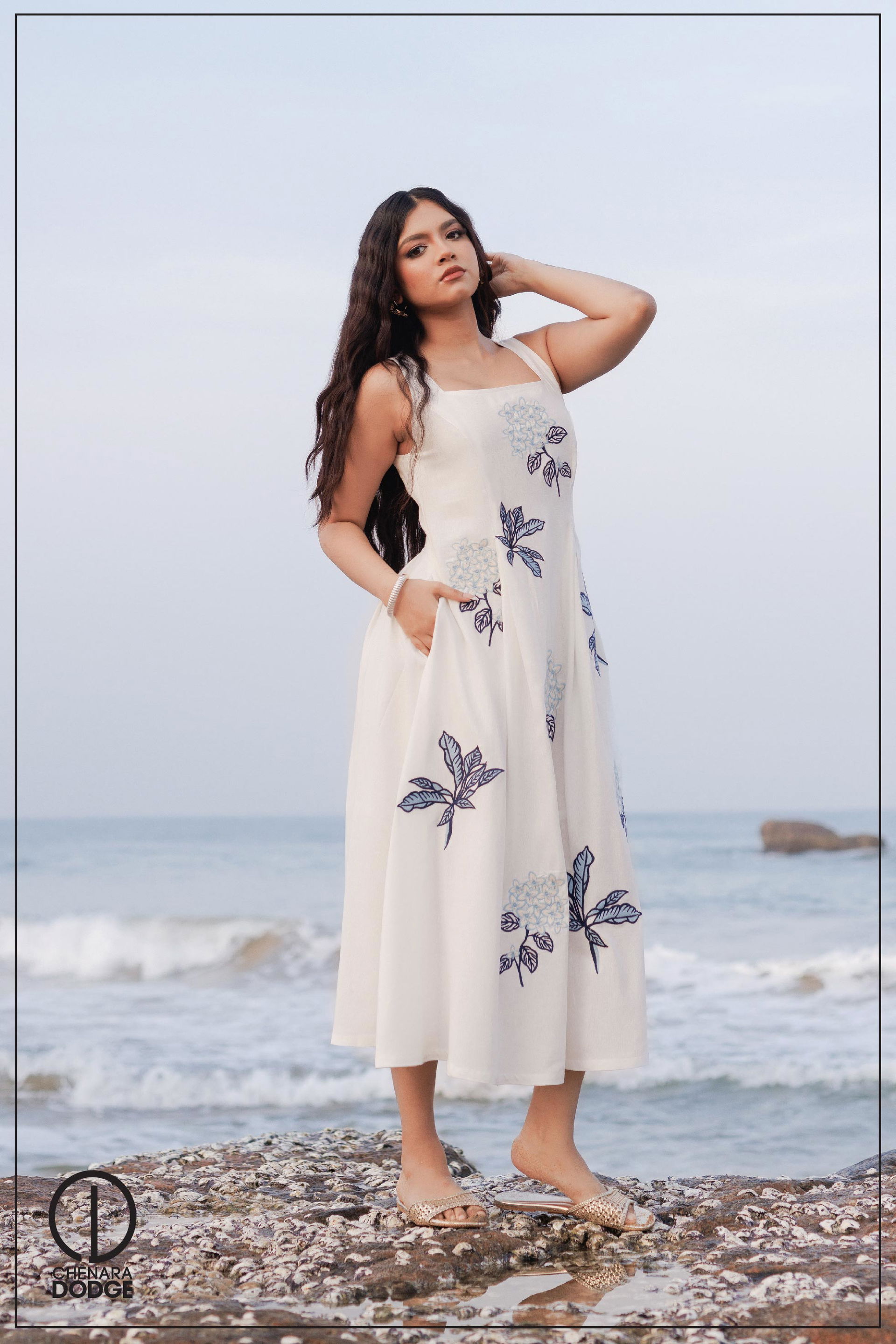 ZOLA SQUARE NECK EMB MIDI DRESS