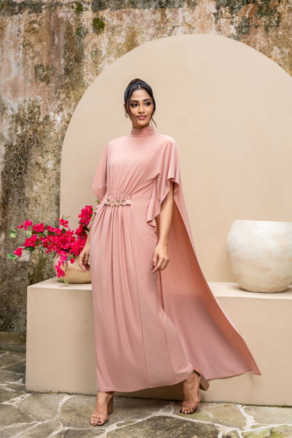 HIGH NECK DRAPED DETAIL MAXI DRESS- LIGHT PINK