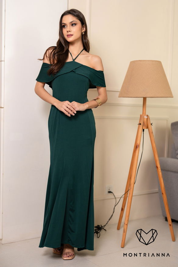 OFF SHOULDER FRILL DETAIL GREEN MAXI DRESS	