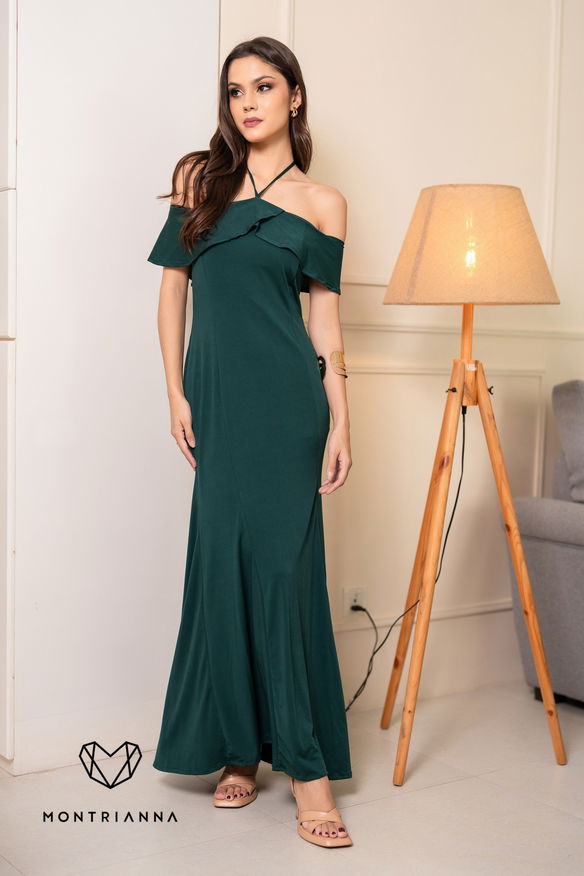 OFF SHOULDER FRILL DETAIL GREEN MAXI DRESS	