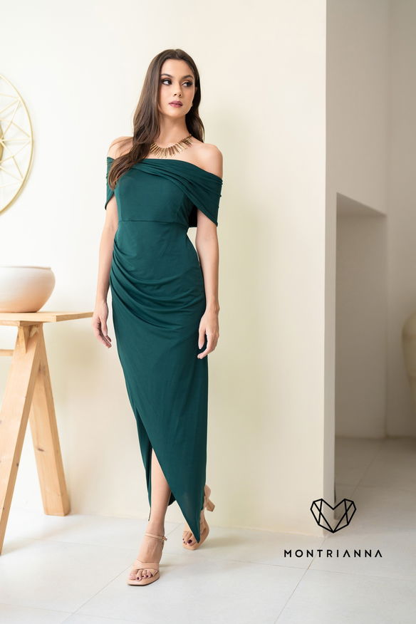 OFF SHOULDER SLIDE SLIT MAXI DRESS GREEN