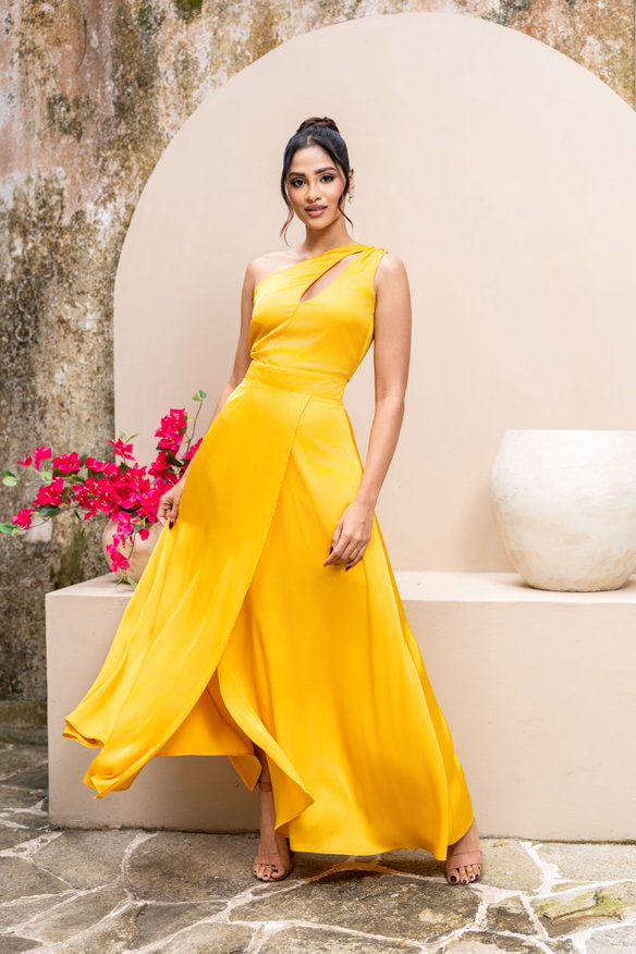 ONE SHOULDER CUTOUT DETAIL MAXI DRESS- YELLOW