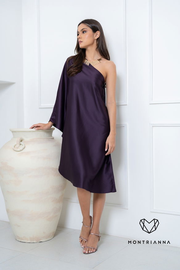 SATIN ONE SHOULDER DRESS DARK PURPLE