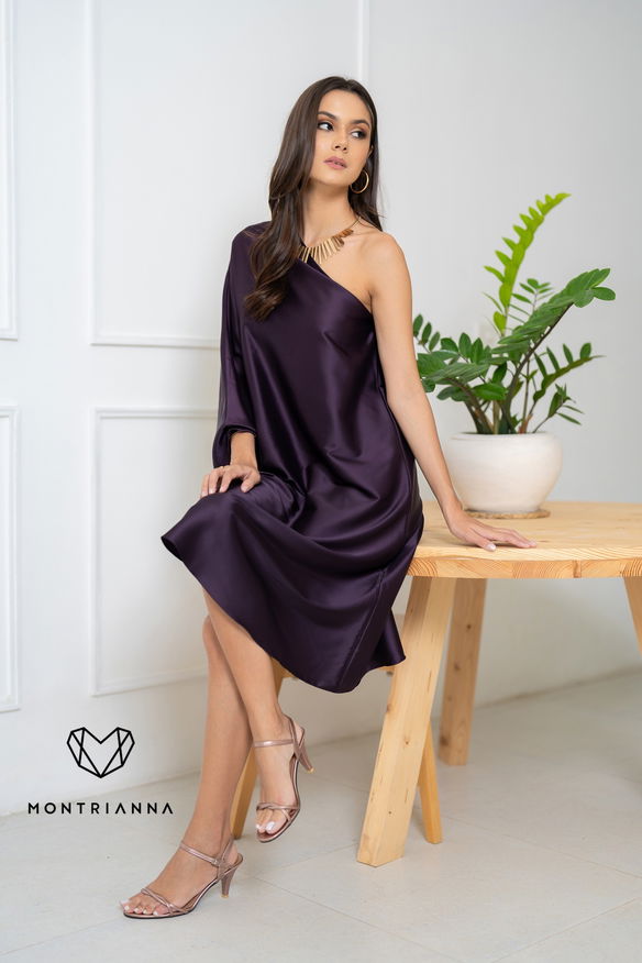 SATIN ONE SHOULDER DRESS DARK PURPLE