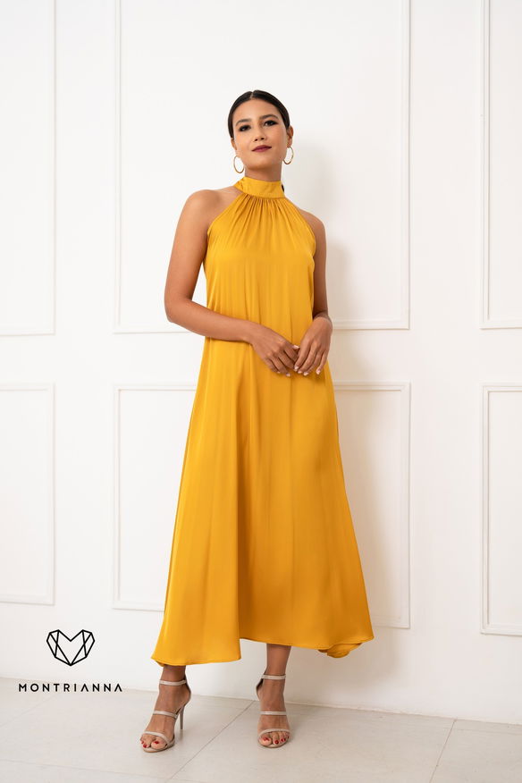 SATIN SLEEVELESS TURTLENECK MAXI DRESS YELLOW
