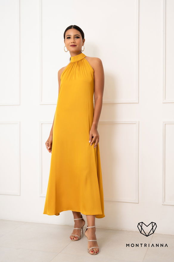 SATIN SLEEVELESS TURTLENECK MAXI DRESS YELLOW
