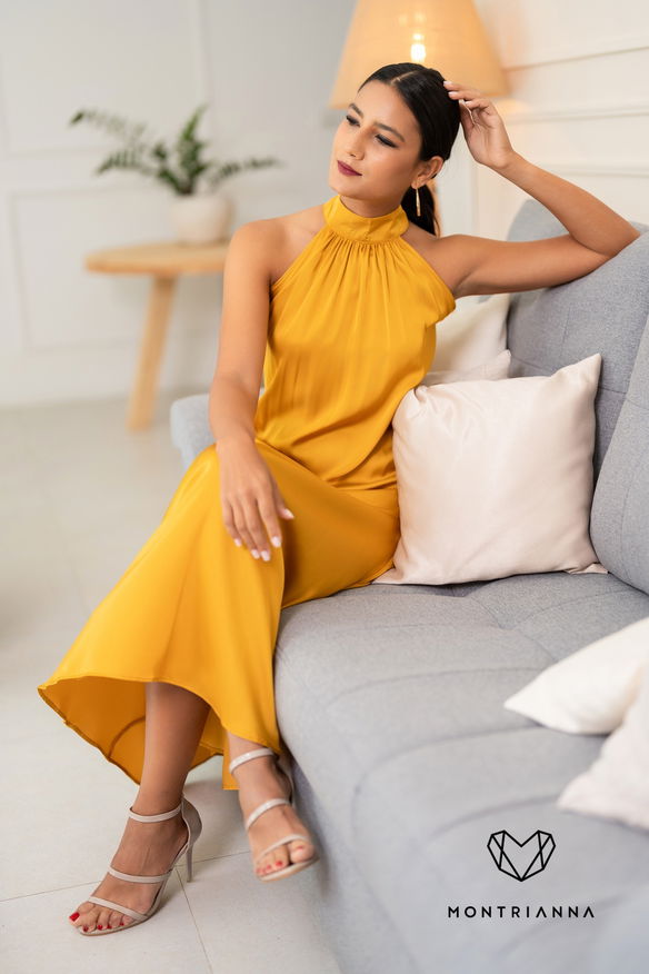 SATIN SLEEVELESS TURTLENECK MAXI DRESS YELLOW