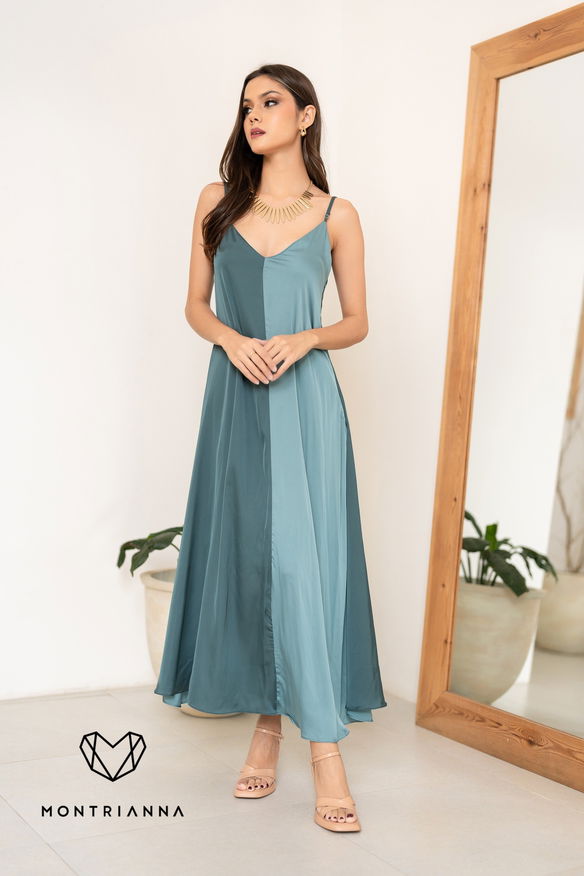 SATIN TWO TONE STRAPPY MAXI DRESS BLUE