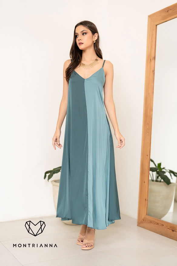 SATIN TWO TONE STRAPPY MAXI DRESS BLUE
