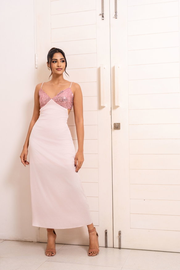 SEQUINS TOP DETAILED BACK TIE UP DRESS PINK