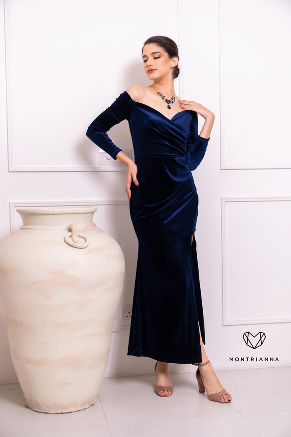 VELVET OFF SHOULDER LONG SLEEVE DRESS NAVY BLUE