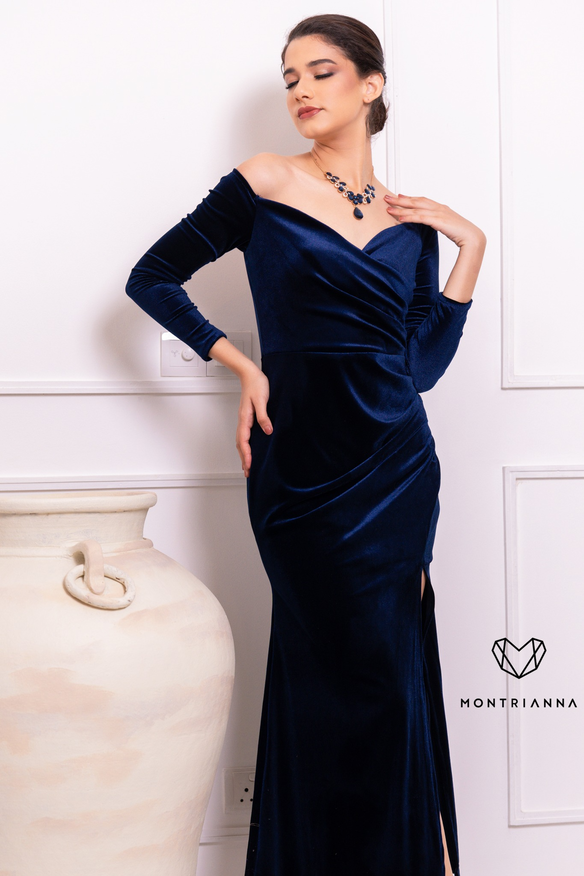 VELVET OFF SHOULDER LONG SLEEVE DRESS NAVY BLUE