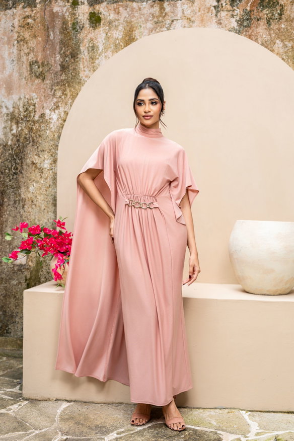 HIGH NECK DRAPED DETAIL MAXI DRESS- LIGHT PINK