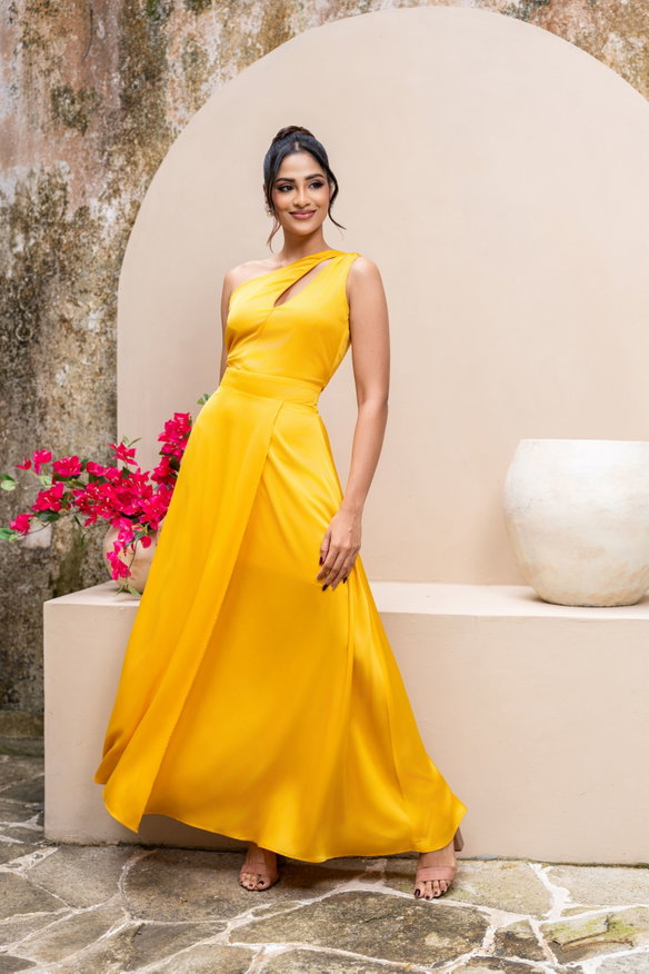 ONE SHOULDER CUTOUT DETAIL MAXI DRESS- YELLOW