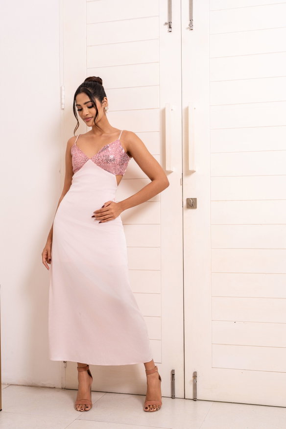 SEQUINS TOP DETAILED BACK TIE UP DRESS PINK