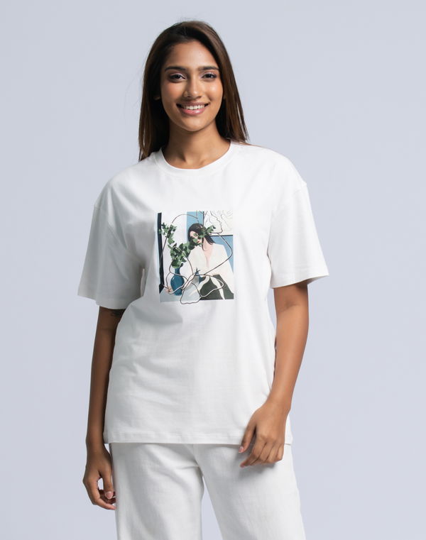 BELLA ROSE Women's Oversized Screen Print T-Shirt Off White