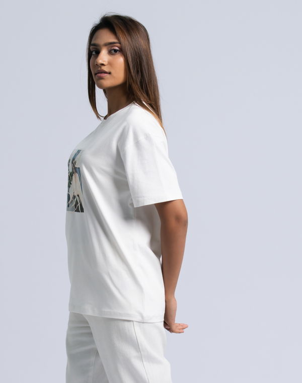 BELLA ROSE Women's Oversized Screen Print T-Shirt Off White