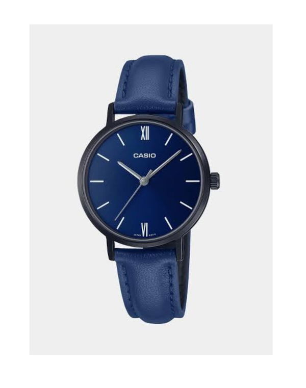 CASIO Minimalistic Black IP Blue Dial Leather Band Women's Watch